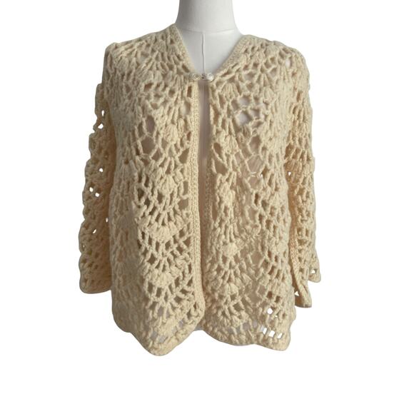 VTG. Crochet Sweater Cape Cardigan Womens M Open Knit Boho Festival Fairy 70s - Picture 4 of 12
